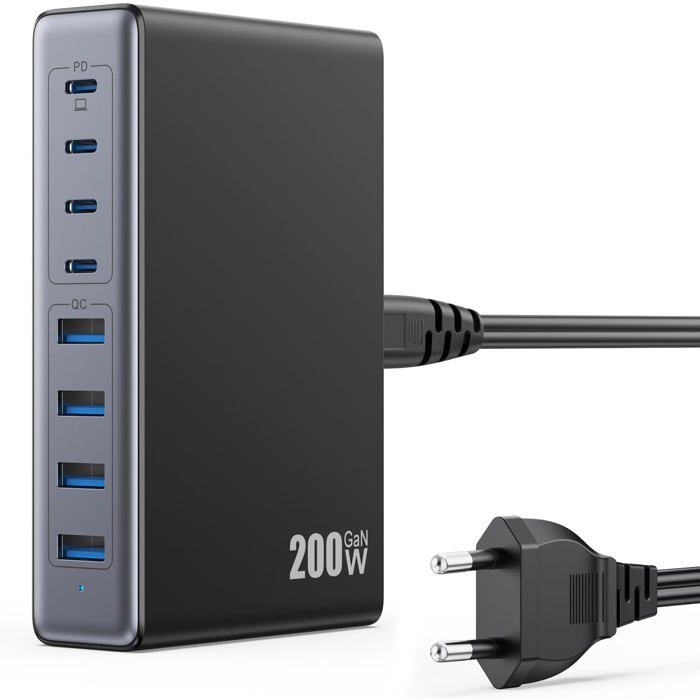 Chargeur USB-C GaN III 330W 10 Ports - 6 USB-C + 4 USB-A - Rapide PD 100W Pour MacBook, IPad, Téléphone