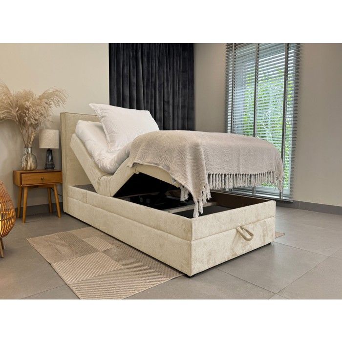 Lit adulte 120x200 SORRENTO - ensemble relaxation électrique avec matelas ressorts ensachés rangement et surmatelas en tissu beige