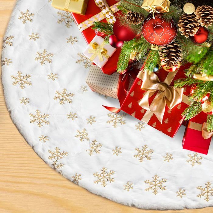 Jupe De Sapin De Noël 120 Cm Rouge Avec Motifs Dorés - Cache-pieds Et Sac De Rangement Inclus