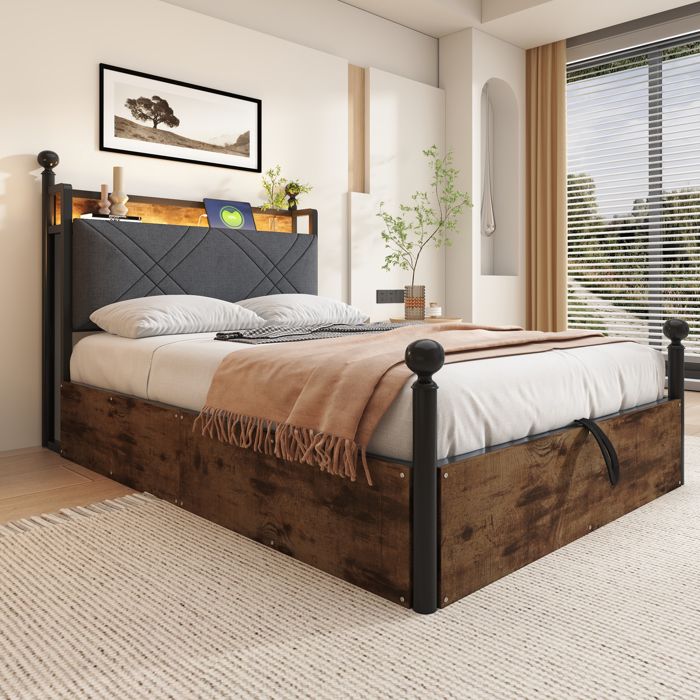 Lit coffre 90x190 cm en métal noir et placage bois tête rembourrée LED intégrées et ports USB/Type-C