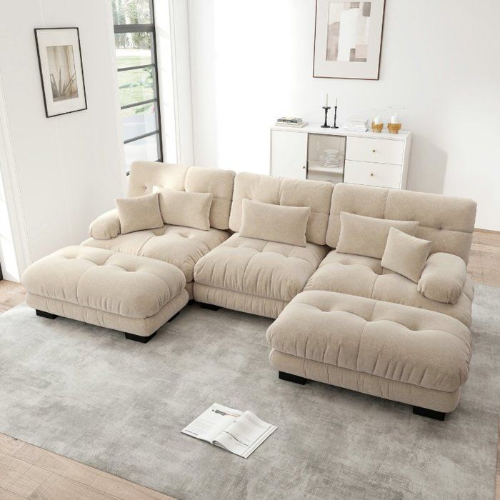 Canapé dangle modulaire - LANGTU - Canapé nuage modulable en U - Chenille marron clair - 3 places configurable - Poufs assortis