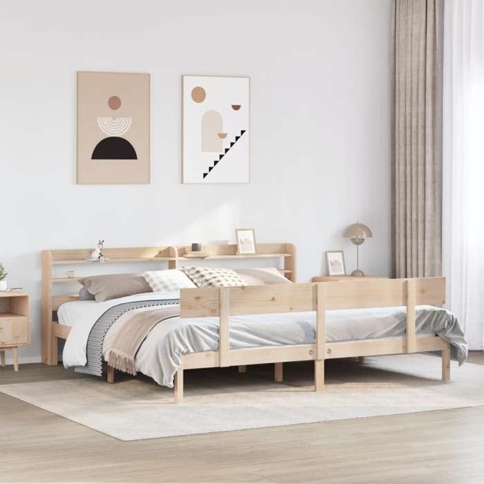 Structure de lit en bois massif - UU - 180x200 cm - Bois de pin massif - Étagères de rangement - Tête de lit sur pied