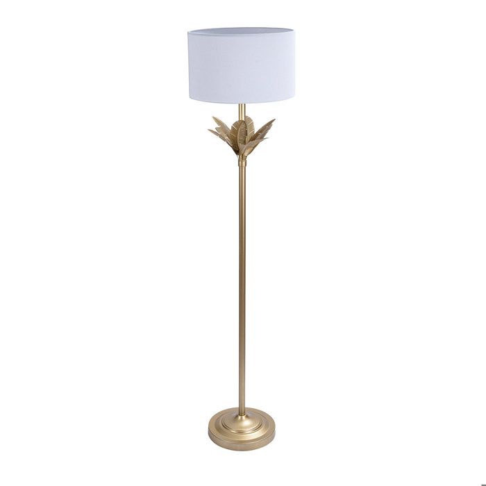Relaxdays Lampe sur pied piètement feuilles de palmier abat-jour en tissu douille E27 salon chambre blanc/doré