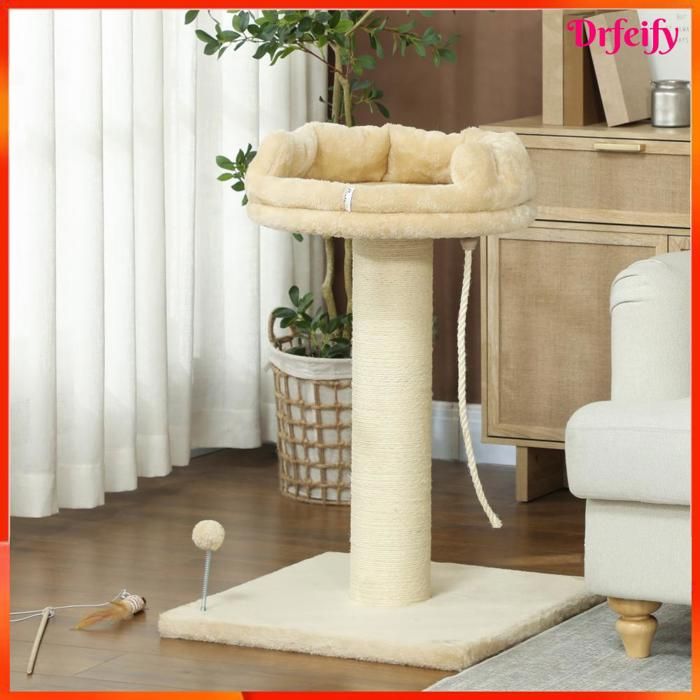 Arbre à chat griffoir - AKOZON - 7989 - sisal naturel - peluche blanche 220 g/m² - plateforme dobservation