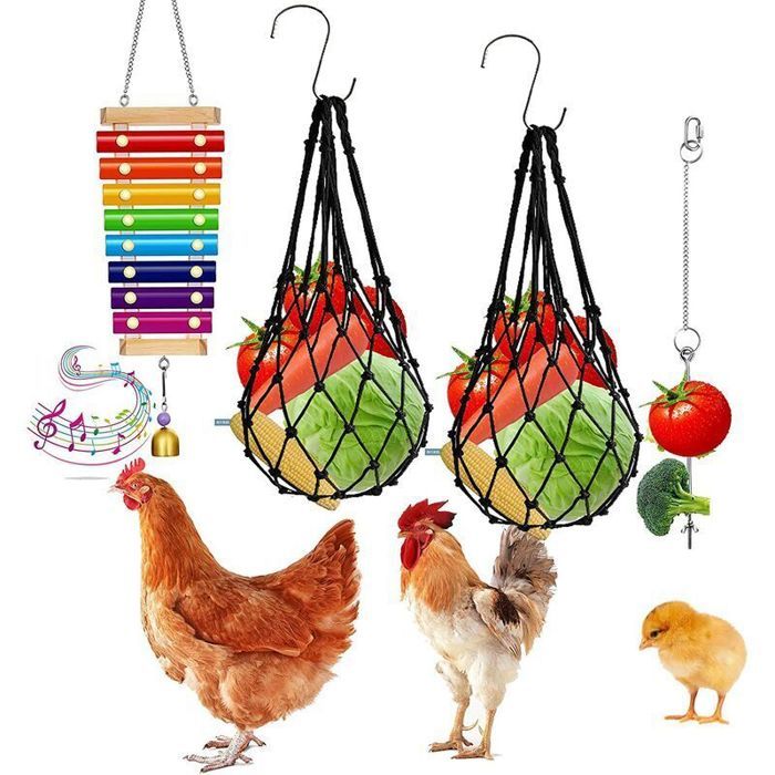 Meilleurs prix pour Lot 4 Jouets Poulailler Xylophone brochettes légumes/fruits suspendus accessoires poules .
