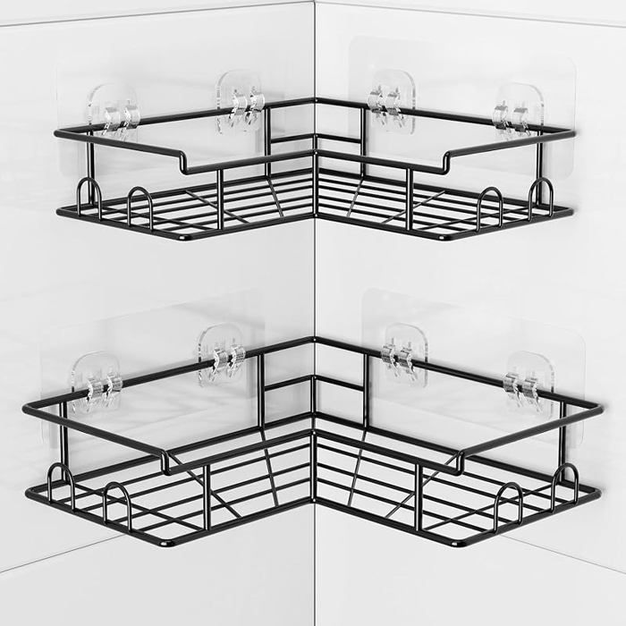 Lot de 2 étagères douche angle sans perçage avec 8 crochets acier inoxydable pour corps shampoing PORTE ACCESSOIRE DE SALLE DE B