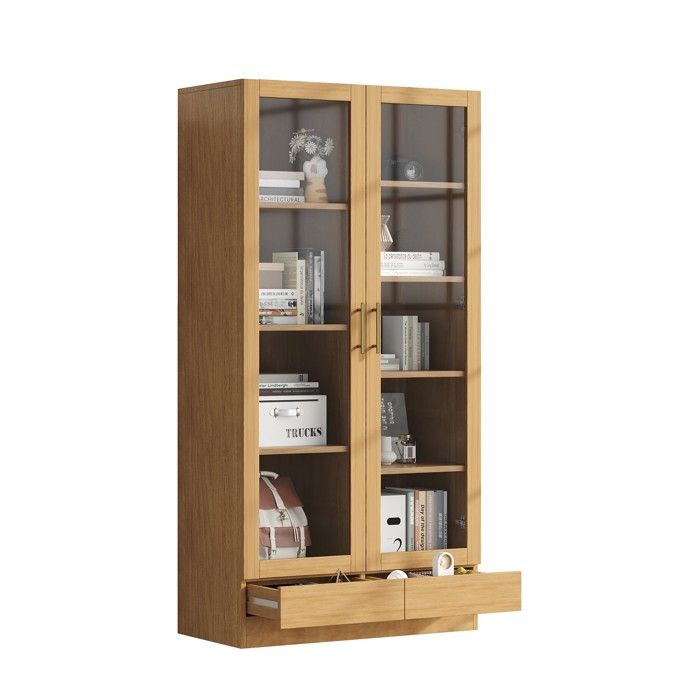 Vitrine Bibliothèque - Armoire Bureau avec Portes Vitrées et Tiroirs Push-to-Open MDF et Verre - 160x40x80 cm - Bois