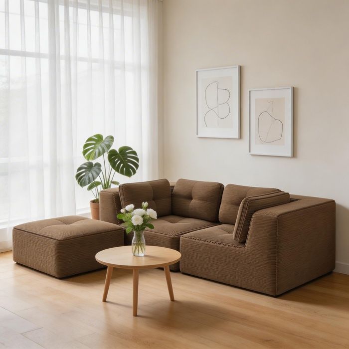 Canapé dangle modulaire - Modulaire en L - 2 places - Tissu corde marron - Mousse 32D