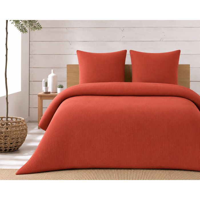 Parure de lit complète 240 x 220 cm gaze de coton – 2 taies 63x63 cm + drap housse 140x190 cm Terracotta
