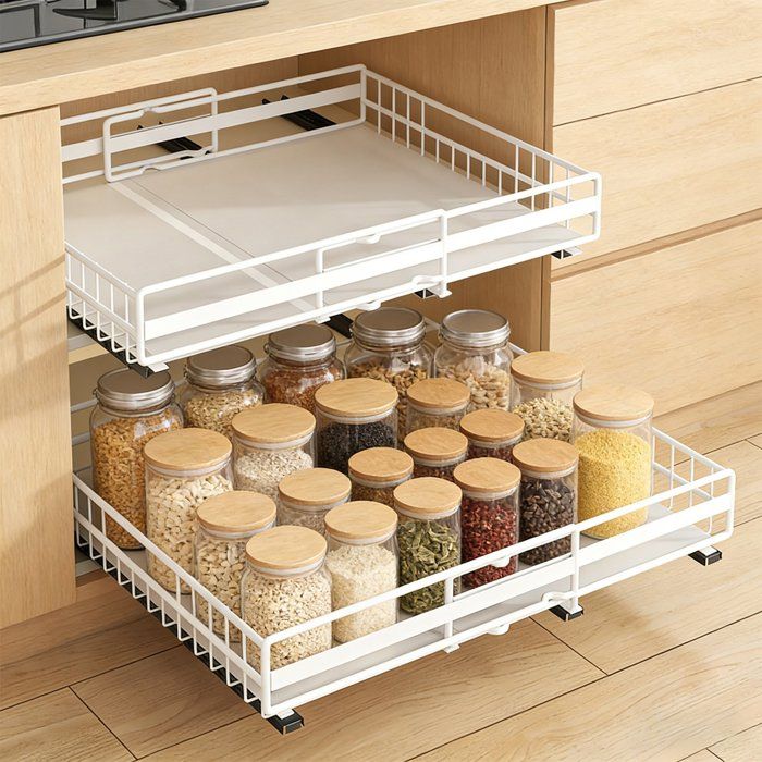 2X panier coulissant Extensible de cuisine Blanc Étagère de Tiroir Télescopique Organiseur Darmoire à 2 niveaux 49cm + 51cm