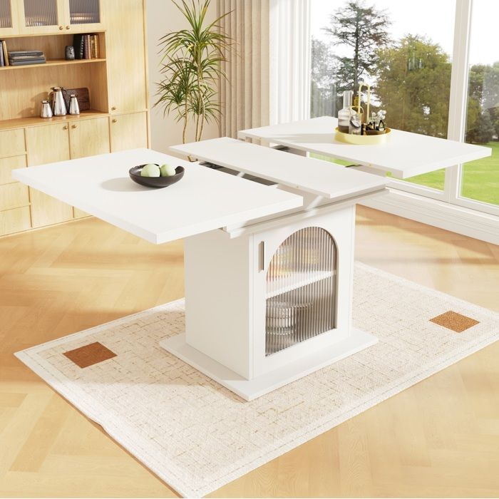 Table à manger extensible 3 étagères rangements avec portes - BEAUNIV - Blanc MDF Verre 140×80×76 cm