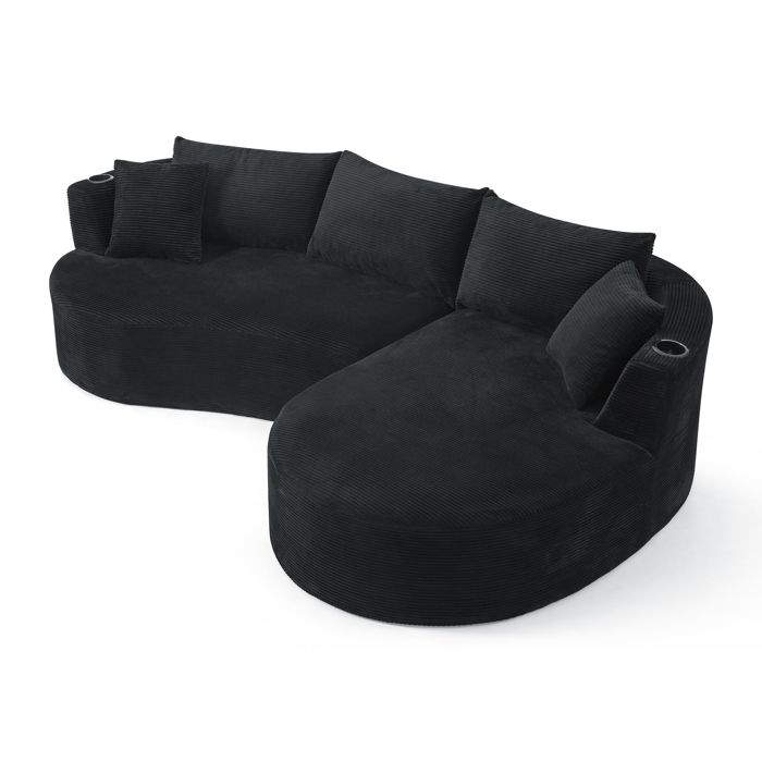 Canapé d’Angle Droit- 3 places-Avec accoudoirs à porte-gobelets- Tissu chenille doux- Coussins inclus-Noir