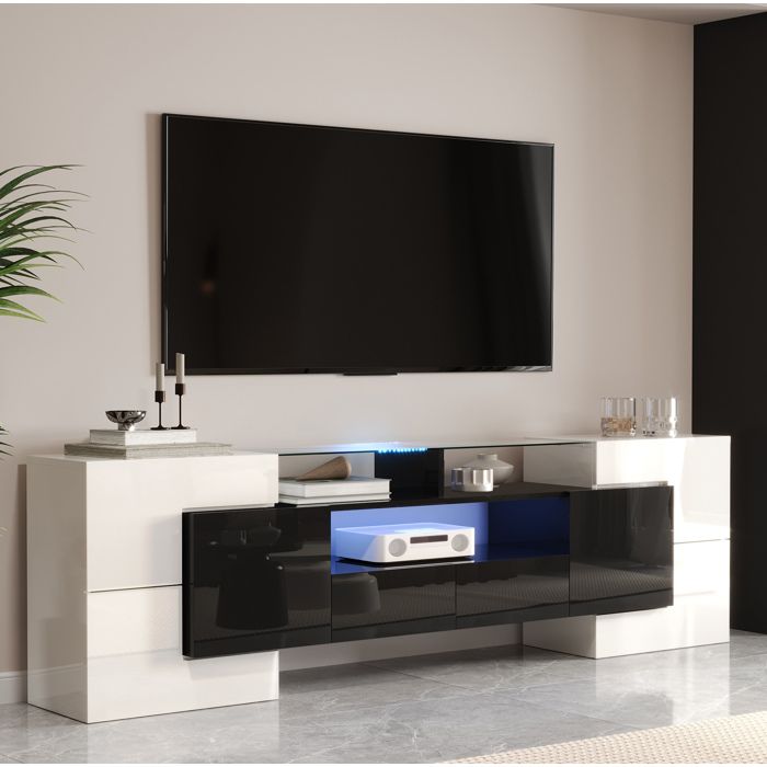 Meuble TV élégant - 6 portes - 2 tiroirs - Blanc brillant et noir - éclairage LED - Plateau en verre - 200x35x60cm