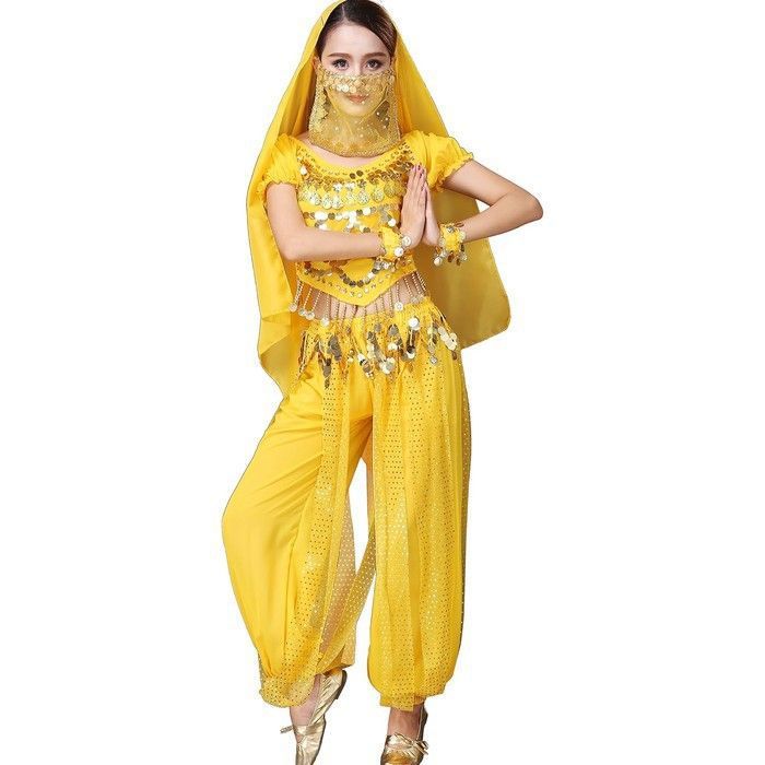 Costume danse du ventre tribal - ASTAGE - ensemble 5 pièces - voile mousseline - pantalon harem - jaune
