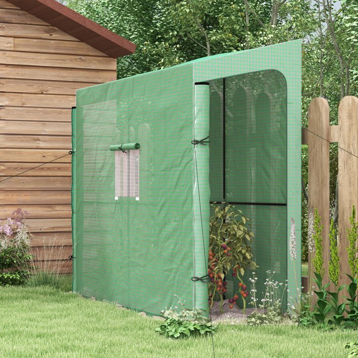 Serre adossée pour semis 200 x 80 x 200 cm vert portes enroulables résistante aux intempéries