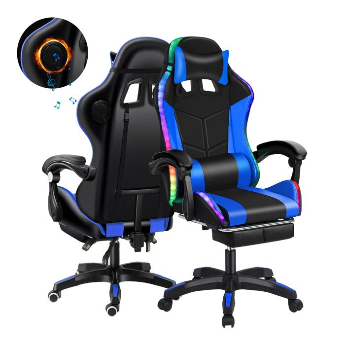 Chaise Gaming massant- WILITTO - dossier en latex réglable - haut-parleurs Bt - LED - repose-pieds rétractable - 51x51x122cm