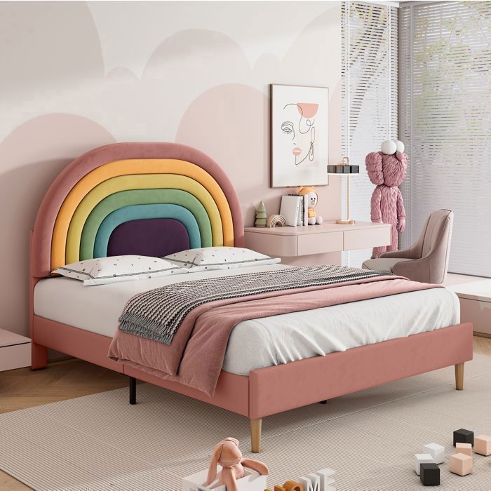 Structure de lit lit adulte 140 x 200 cm avec sommier à lattes tête de lit réglable arc-en-ciel en velours rose