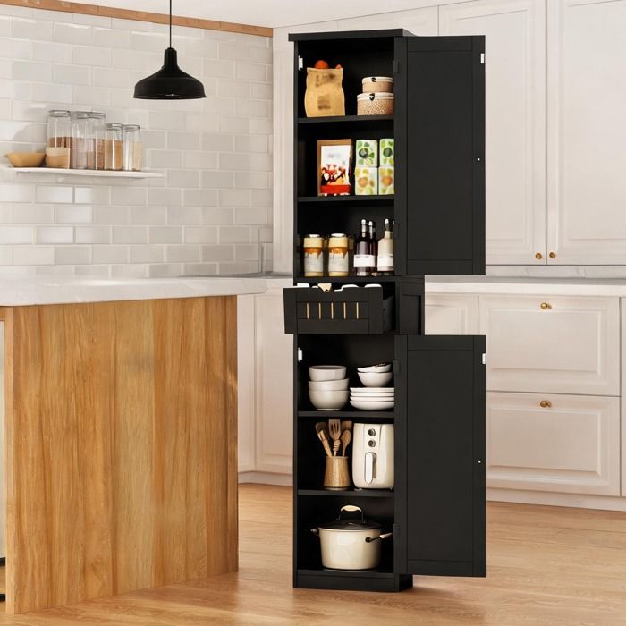 Buffet haut 170 cm en MDF noir avec 2 portes grillagées 1 tiroir et 4 tablettes réglables