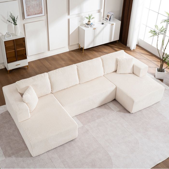 Canapé modulable en U blanc 332 x 156 cm sans montage velours côtelé avec méridienne et coussins