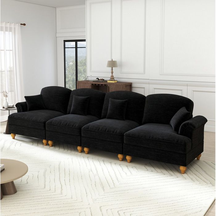 Canapé fixe 4 places style mid-century avec jupe amovible chenille noire 350 x 835 x 93 cm ORVRYN