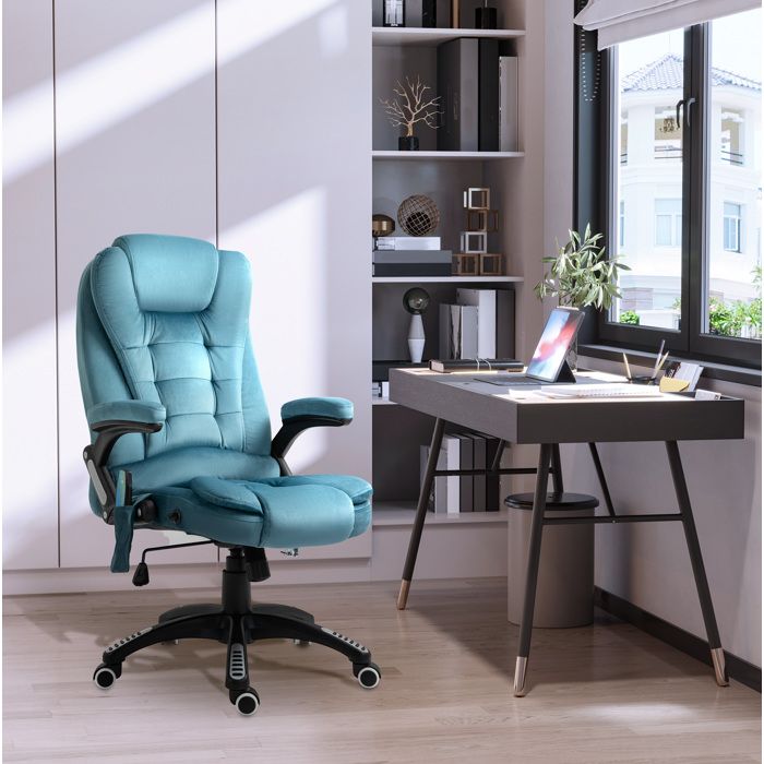 Fauteuil de bureau massant et chauffant réglable en hauteur rotation 360° pour bureau en polyester bleu