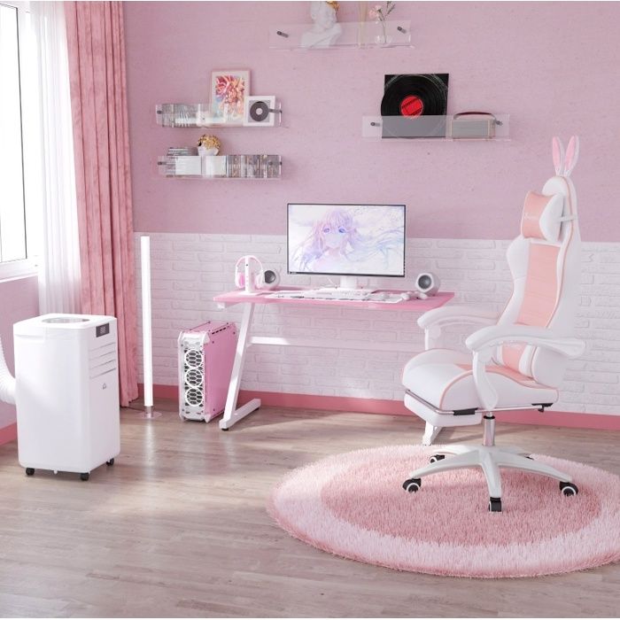 Chaise de bureau gaming ergonomique avec repose-pieds et dossier inclinable - BEAUNIV - simili cuir rose et blanc