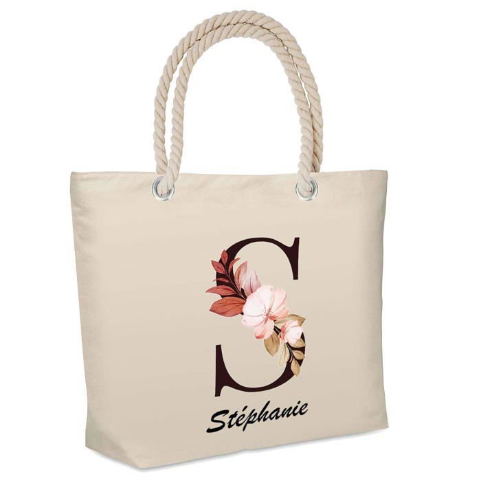Sac de plage - PLANETEE - isotherme Stéphanie Lettre Fleur - Coton - Grande contenance - Imprimé en France