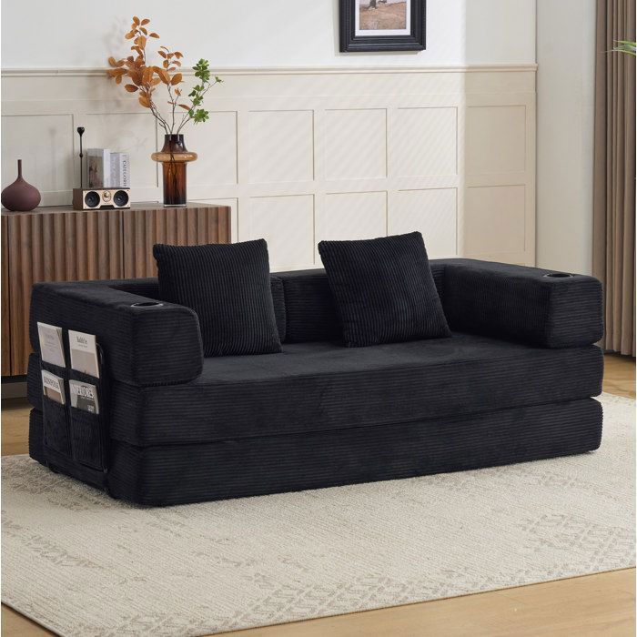 ELVORIN Canape de sol convertible 2 places 185 x 925 x 60 cm velours cotele noir avec accoudoirs porte-gobelets poche laterale