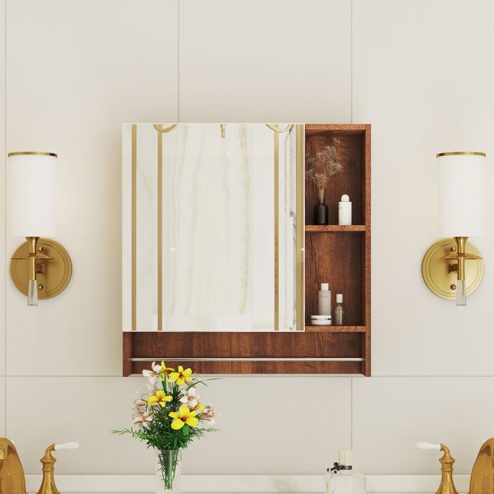 Armoire de salle de bain murale avec miroir et étagères ouvertes - pour salle de bain - en MDF - 69×63×125 cm - noyer
