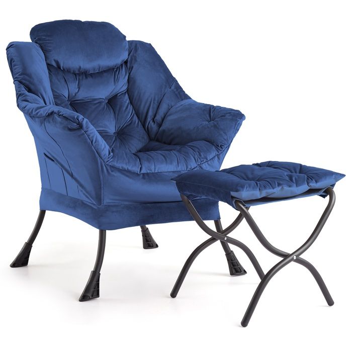 Fauteuil moderne en velours néerlandais avec accoudoirs poche latérale pieds acier et ottoman repose-pieds couleur bleu