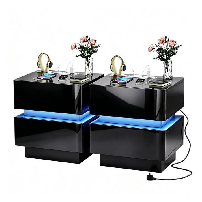 Chleby Lot de 2 tables de chevet noir laqué brillant avec LED et port USB 2 tiroirs rangement chambre Design Moderne 45x35x46 cm