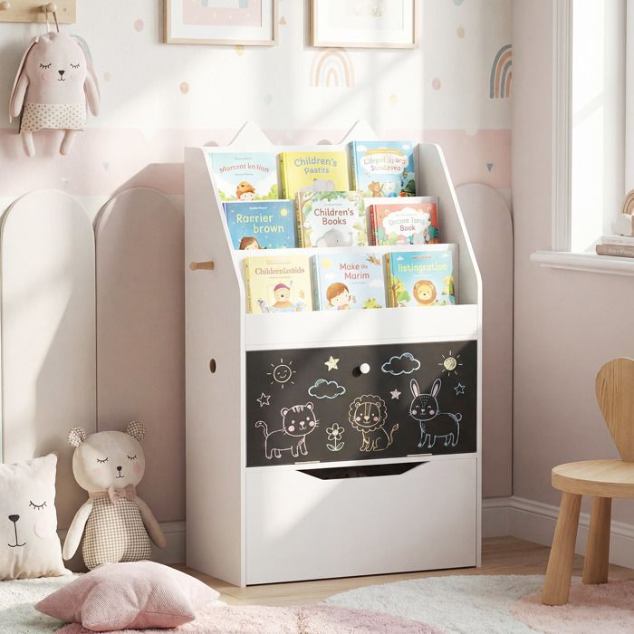 Bibliothèque Enfant COSTWAY Bois – Étagère à Livres 3 Niveaux avec Tableau Noir Tiroir & Placard Meuble Rangement 3 Ans+