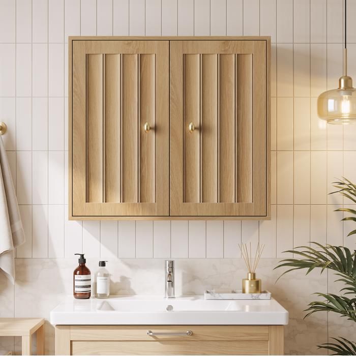 Armoire pharmacie murale double porte rangement salle de bain effet chêne 61 5 x 20 x 56 cm JOINERY