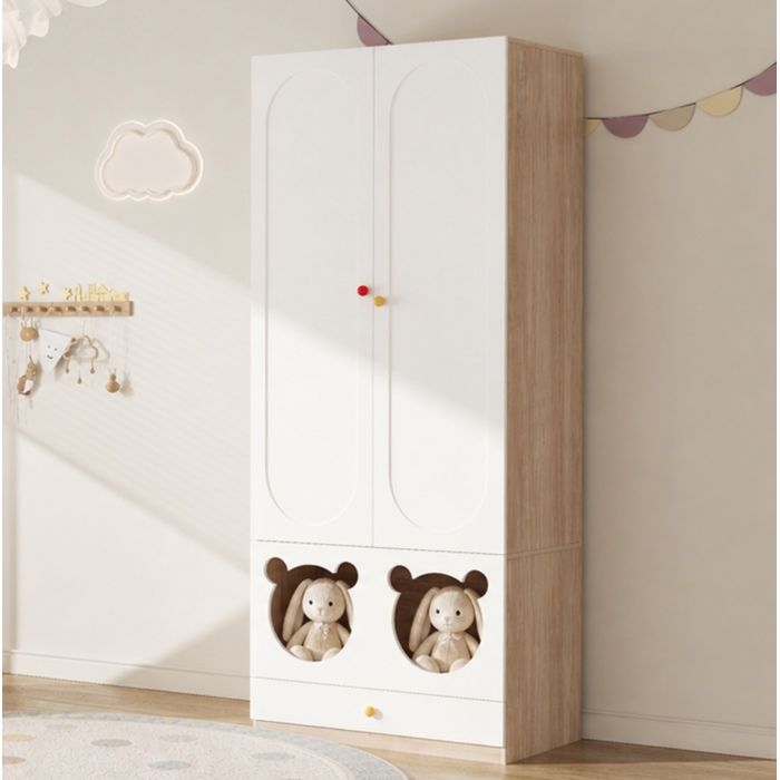 Armoire enfant 2 portes 80 x 50 x 200 cm avec barre de penderie et tiroir MDF laqué blanc et bois naturel VEVXYN