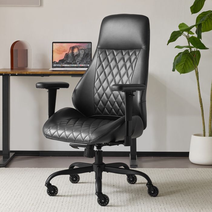 Chaise de Bureau Ergonomique Noire Fauteuil de Bureau Dossier Haut avec Coussin à Ressorts Accoudoirs Réglables et Roulettes