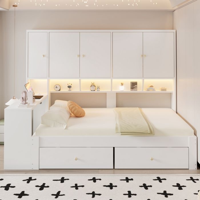 Canapé-Lit multifonctionnel bois 90x200 cm Blanc bureau rangements tiroirs LED prises – Idéal étudiant petit espace
