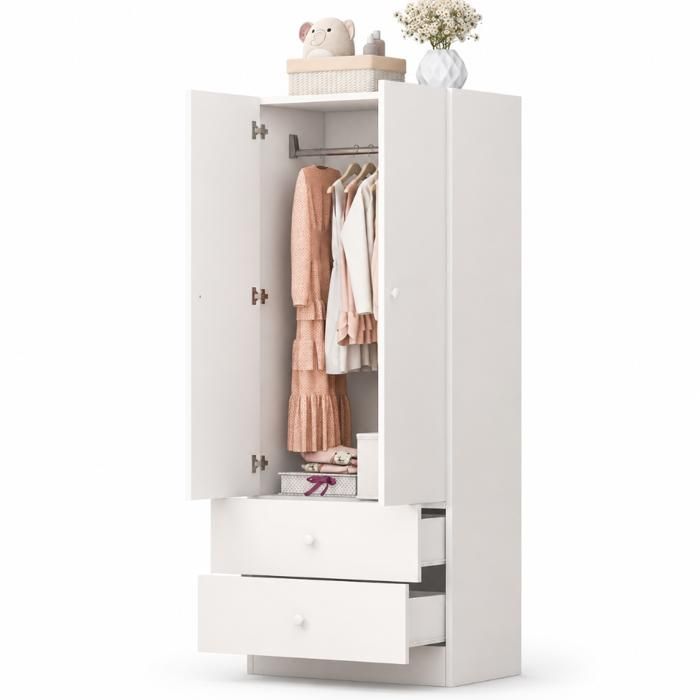 Armoire simple 70 × 40 × 170 cm avec deux tiroirs de style color block blanche Armoire simple 70 × 40 × 170 cm avec deux tiroirs de style color block blanche
