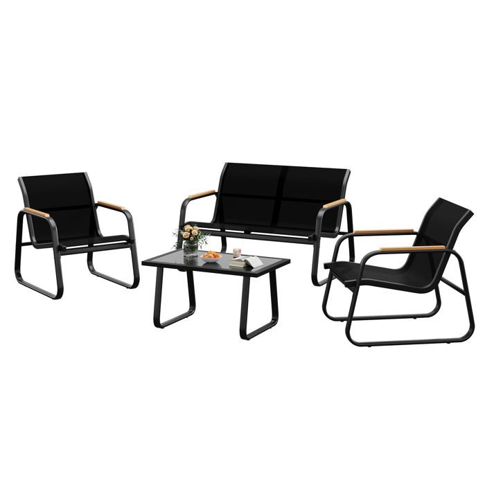 Ensemble salon de jardin 4 pièces - Canapé 2 places + 2 fauteuils + table verre trempé - Acier - Textilène - Jardin/terrasse