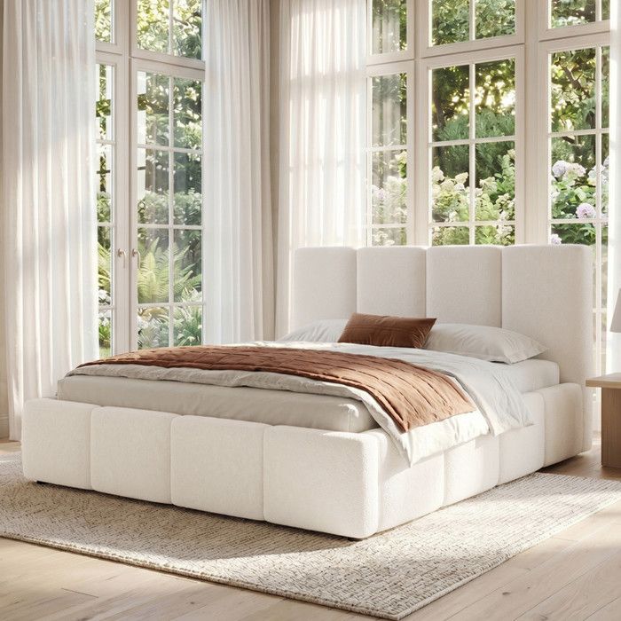 Piaenon - Lit double capitonné 160x200 cm avec tête épaisse 11 cm et sommier - bouclé beige