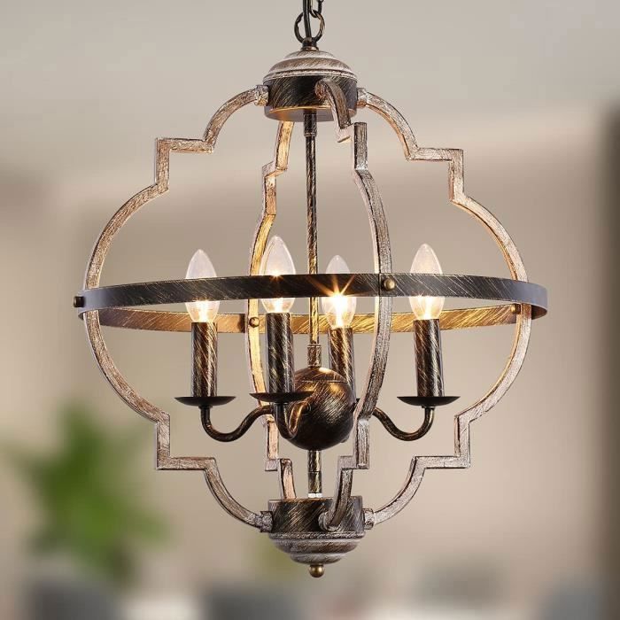 Lustre Naples 4 Lumières en Fer Forgé Rouille avec Trio d'Eclairage