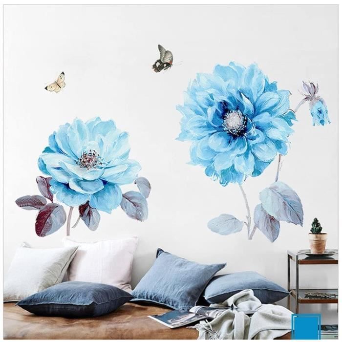 Stickers muraux 3D Fleurs bleues et papillons Décoration murale
