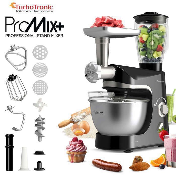 Robot Pâtissier Multifonction 2000W – TurboTronic TT-007 – Bol 5L – Batteur Fouet Crochet – Noir - Turbotronic