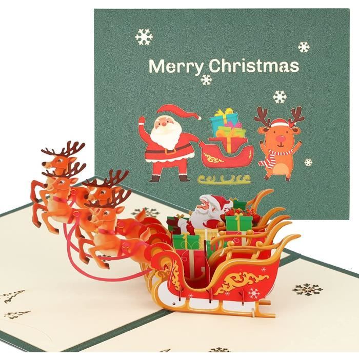 Carte De Noël 3D Pop-up - Scène Père Noël Et Renne, Avec Carte Vierge Pour Message Personnalisé