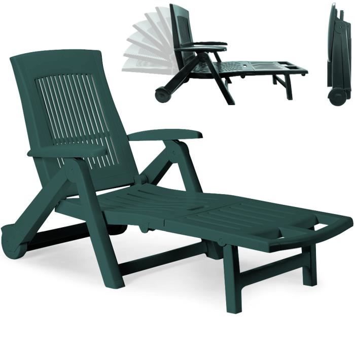 chaise longue zircone pliable vert plastique pvc dossier réglable 5 positions 2 roues bain de soleil jardin terrasse extérieur