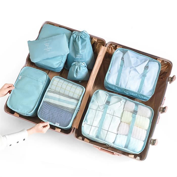 Ensemble de 8 pièces Ensemble de sacs de rangement pour organisateur de  voyage Ensemble d'emballage de valise,Bleu