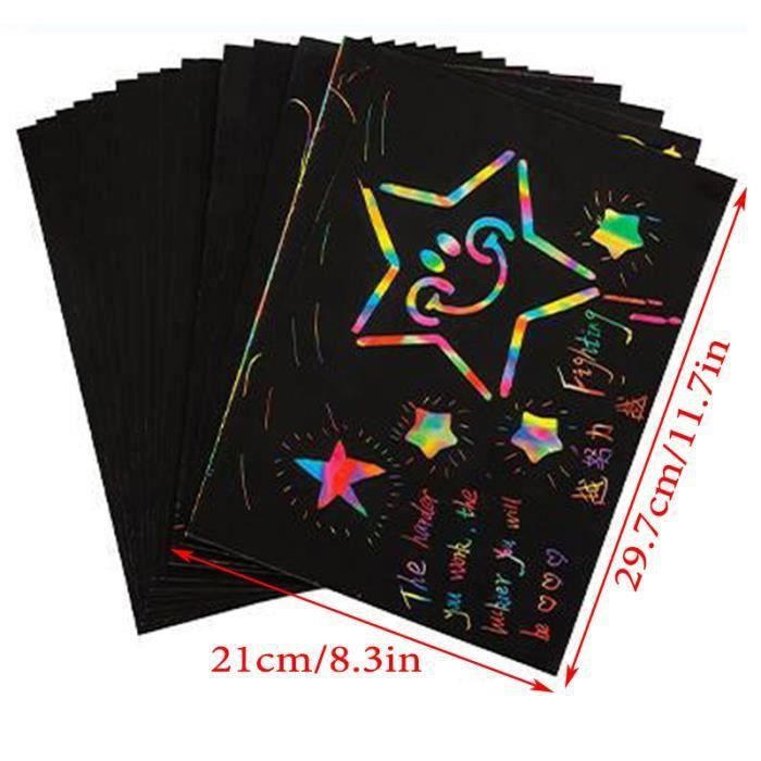 BUYGOO 100 Feuilles De Papier à Gratter Arc-en-Ciel – Avec 4 Pochoirs Et 10 Crayons En Bois – Activité Créative Pour Enfants Et Adultes