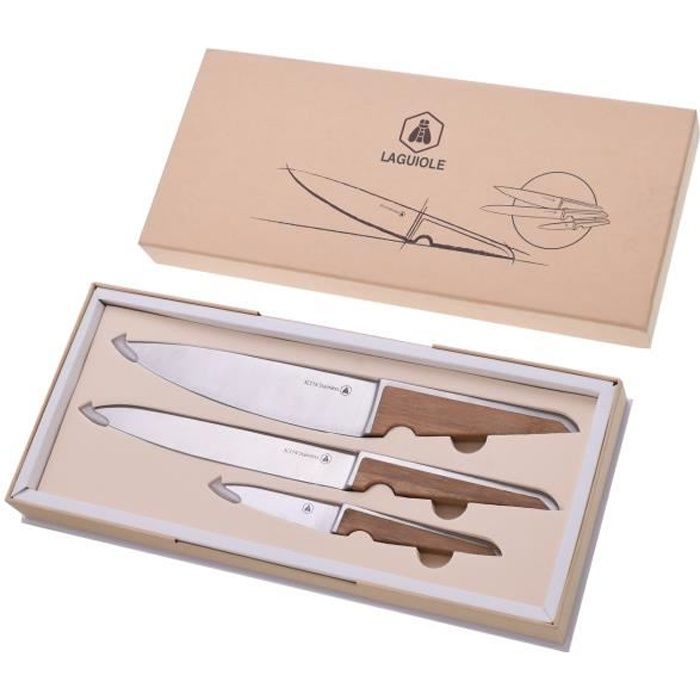 LAGUIOLE - Laguiole Coffret de 3 Couteaux - Couteau du Chef, à Emincer, d'Office, Acier Inoxydable et Bois de Bambou, Marron -