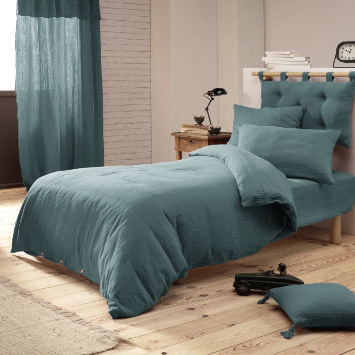 Pack parure de couette 140 x 200 cm + drap housse 90 x 190 cm + 1 taie en double gaze de coton Bleu canard