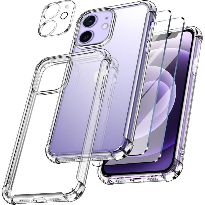 Coque Silicone + 2 Protections écran Verre Trempé Pour IPhone 12 Mini - Noir, Ultra Fine