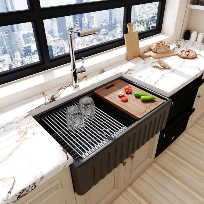 Évier De Cuisine Avec Planche à Découper Et Accessoires - Tablier Bord Gradué 76.2x50.8cm, Style Ferme